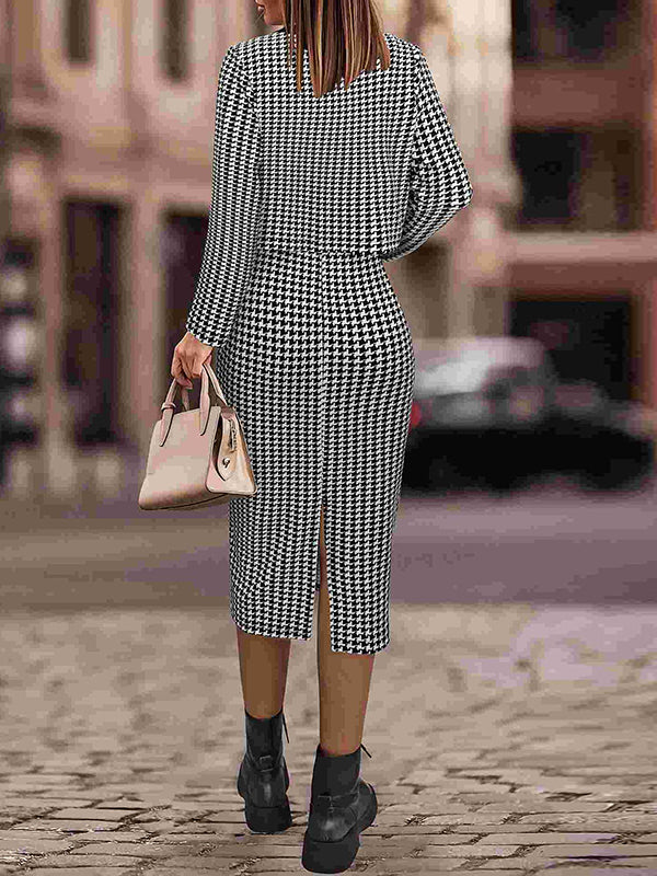 Long Sleeves Buttoned Plaid Round-Neck Outerwear + Midi Dresses Two Pieces Set
