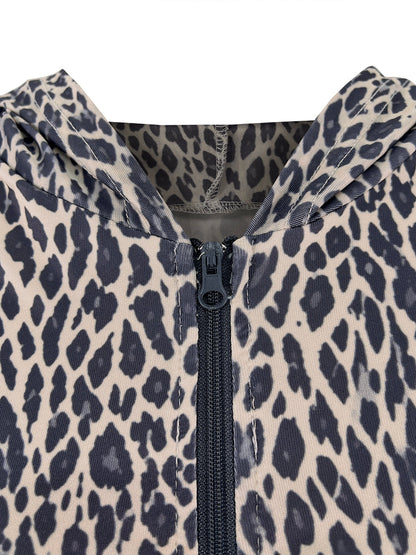High Waisted Loose Contrast Color Leopard Pleated Pockets Split-Joint Zipper Hooded Anklets Jumpsuits