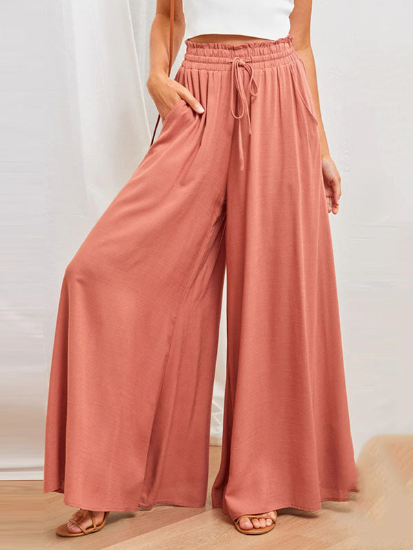 High Waisted Loose Drawstring Elasticity Pockets Solid Color Pants Trousers