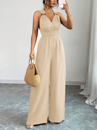 High Waisted Sleeveless Backless Solid Color Tied Spaghetti-Neck Jumpsuits