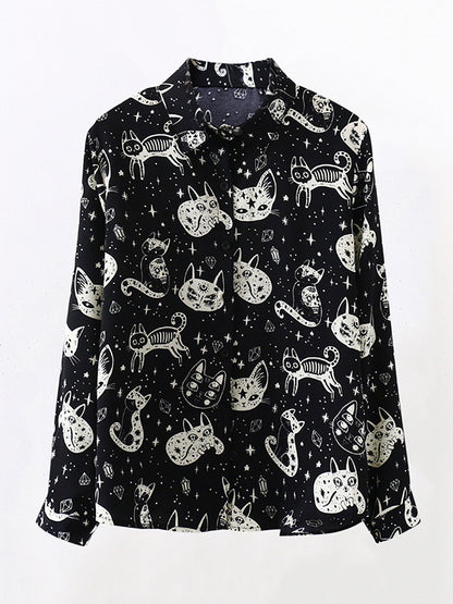 Long Sleeves Loose Animal Printed Buttoned Lapel Blouses&Shirts Tops