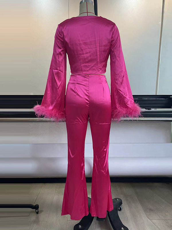 Long Sleeves Fringed Knot Solid Color Deep V-Neck Shirts Top + High Waisted Split-Front Pants Bottom Two Pieces Set