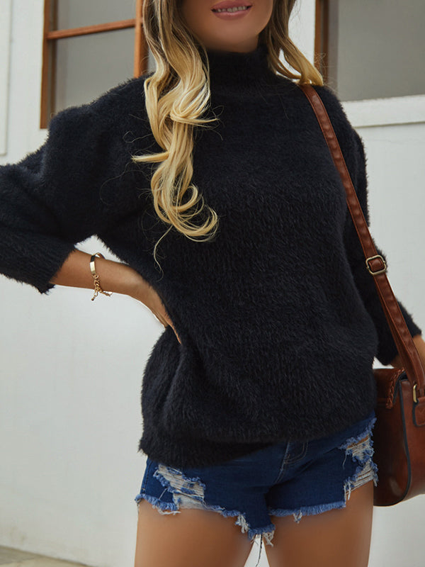 Long Sleeves Loose Solid Color High-Neck Knitwear Pullovers Sweater Tops