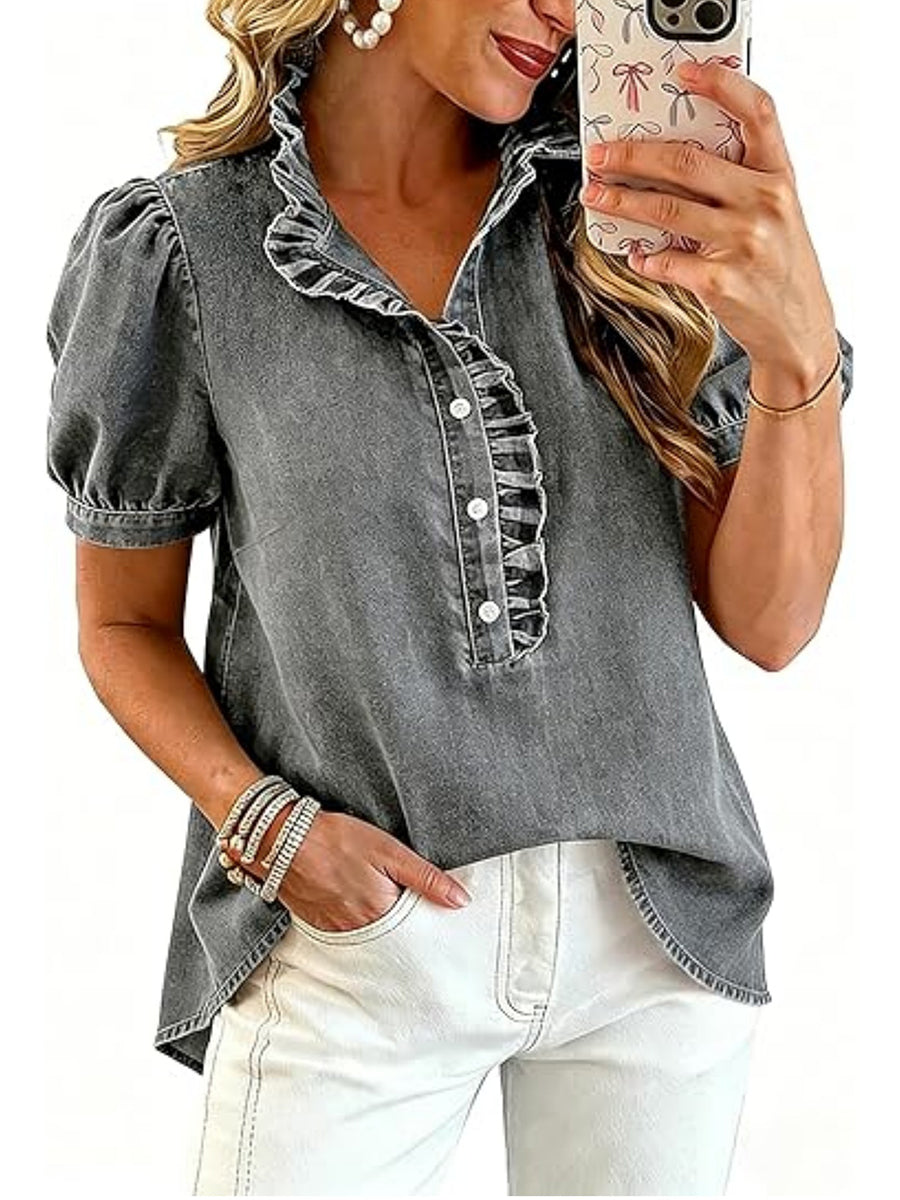Split-Joint Solid Color Ruffled Pleated Buttoned Short Sleeves Stand Collar Blouses&shirts Tops