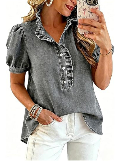 Split-Joint Solid Color Ruffled Pleated Buttoned Short Sleeves Stand Collar Blouses&shirts Tops