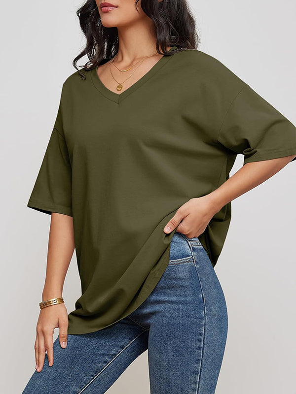 Short Sleeves Solid Color Split-Joint V-Neck T-Shirts
