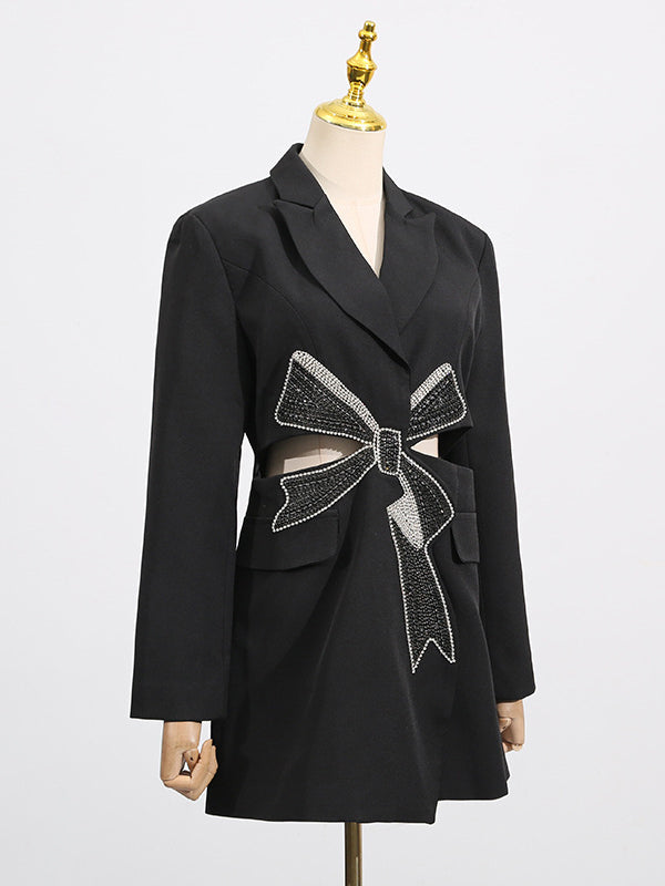 Long Sleeves Hollow Rhine Stones Notched Collar Blazer Outerwear