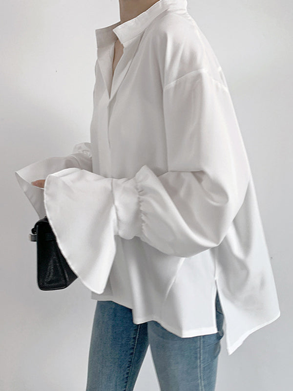Flared Sleeves High-Low Buttoned Solid Color Split-Side V-Neck Blouses&Shirts Tops