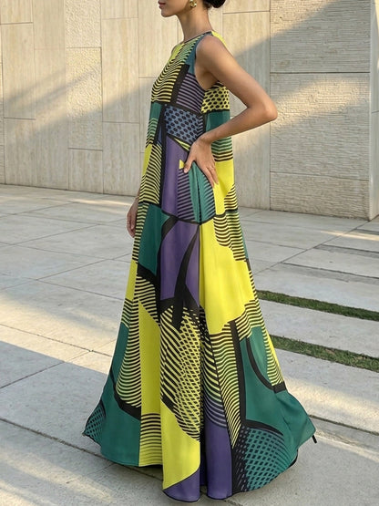 A-Line Sleeveless Contrast Color Striped Zipper Round-Neck Maxi Dresses