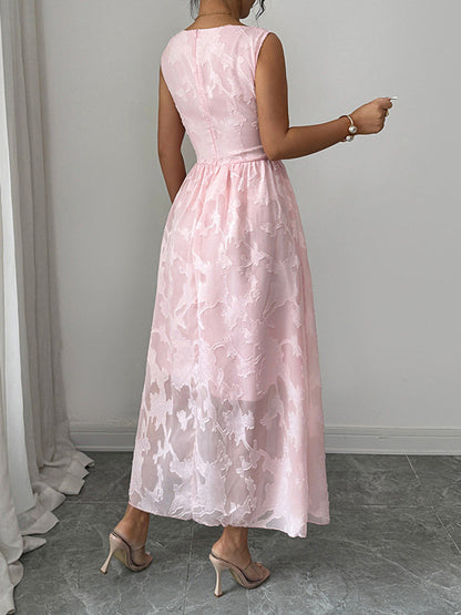 High Waisted Sleeveless Jacquard Pleated See-Through Solid Color Split-Joint V-Neck Midi Dresses
