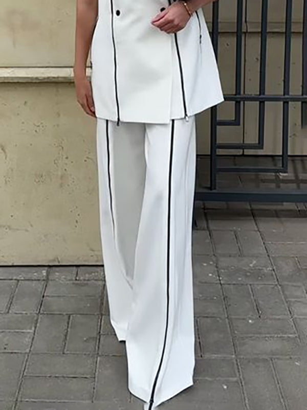 High Waisted Loose Contrast Color Solid Color Zipper Pants Trousers