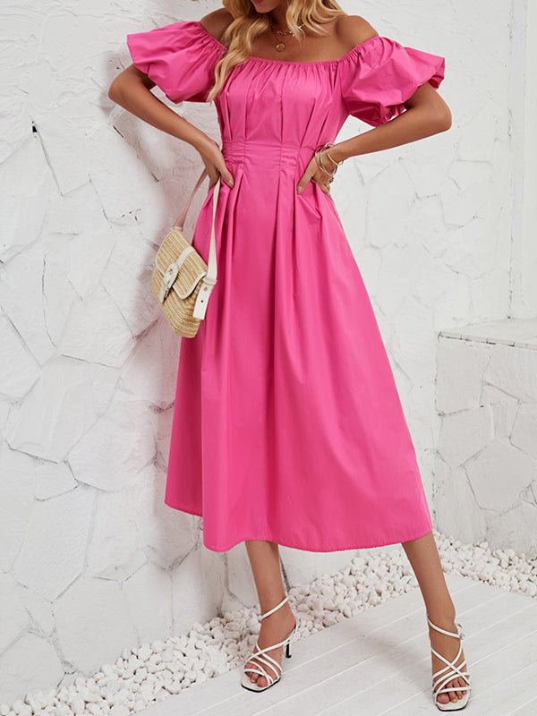 Loose Puff Sleeves Elasticity Pleated Solid Color Split-Joint Off-The-Shoulder Midi Dresses