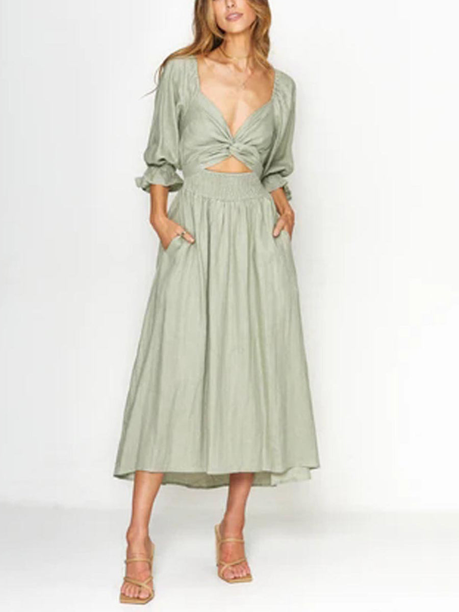 High Waisted Long Sleeves Elasticity Pleated Solid Color V-Neck Midi Dresses