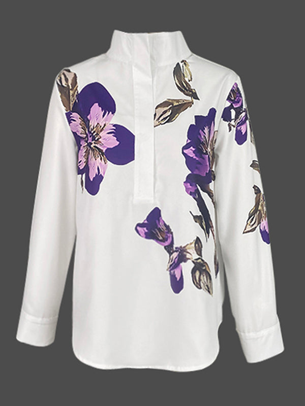 Long Sleeves Loose Flower Print Stand Collar Blouses&Shirts Tops