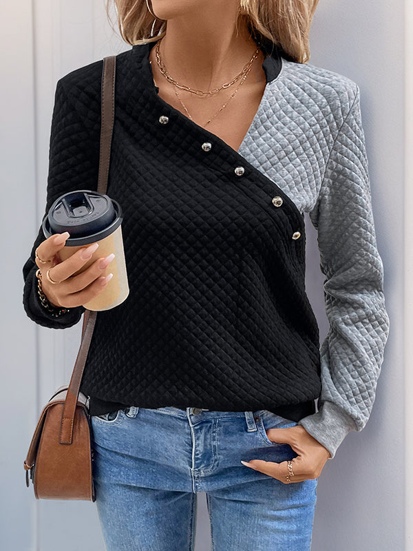 Long Sleeves Loose Buttoned Contrast Color Split-Joint V-Neck Sweatshirt Tops