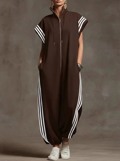 Loose Plus Size Contrast Color Pockets Split-Joint Striped Zipper Stand Collar Jumpsuits Ninth Pants