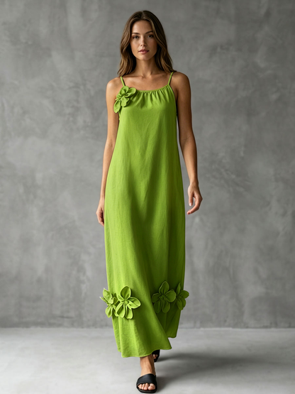 A-Line Loose Pleated Solid Color Split-Joint Three-Dimensional Flower Spaghetti-Neck Midi Dresses