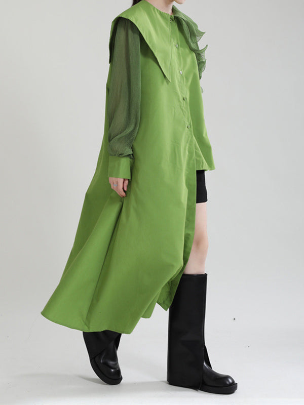 Long Sleeves Loose Asymmetric Pleated Solid Color Split-Joint Falbala Lapel Blouses&Shirts Tops