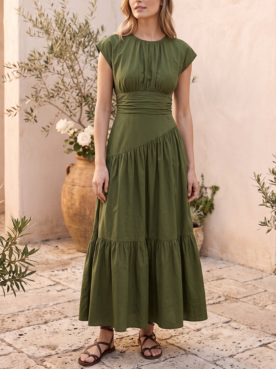 A-Line High Waisted Pleated Solid Color Split-Joint Round-Neck Maxi Dresses