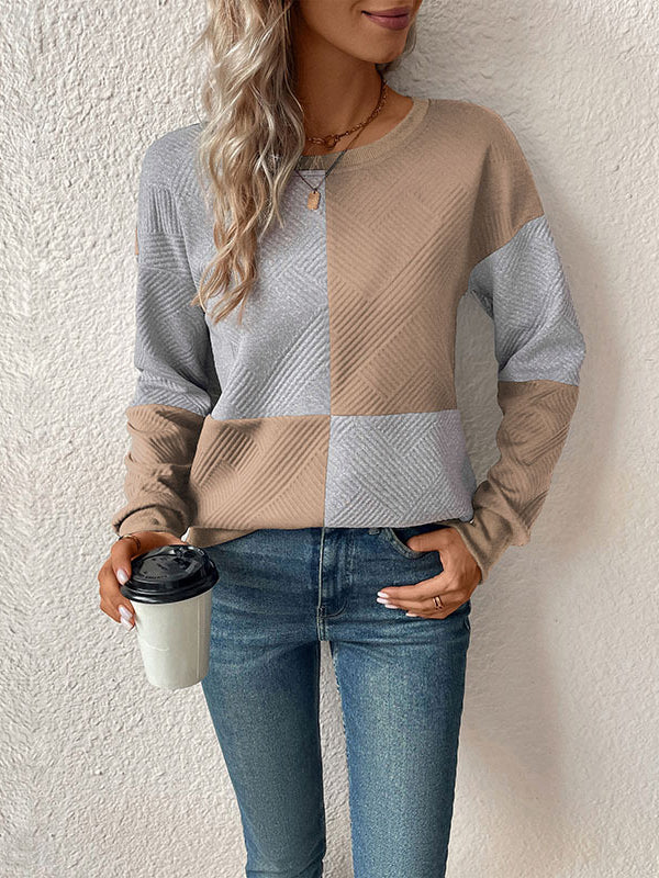 Long Sleeves Loose Contrast Color Split-Joint Round-Neck Sweatshirt Tops