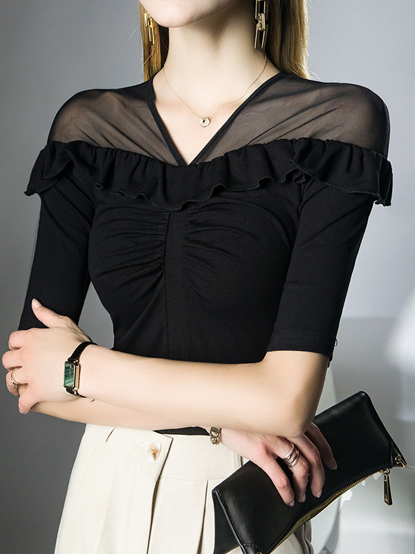 Half Sleeves Skinny Pleated Ruffle Trim Solid Color Split-Joint V-Neck T-Shirts Tops