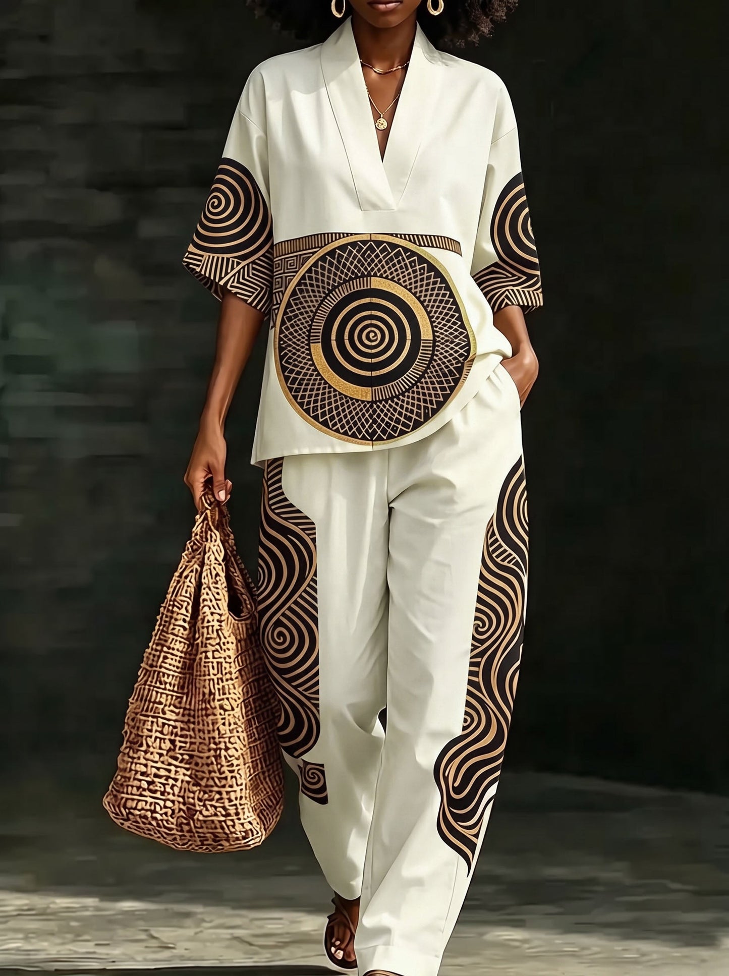 Printed Contrast Color Loose Half Sleeves V-neck Blouses&shirts Tops