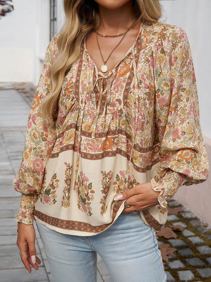Long Sleeves Loose Contrast Color Drawstring Flower Print Pleated Split-Joint V-Neck Blouses&Shirts Tops