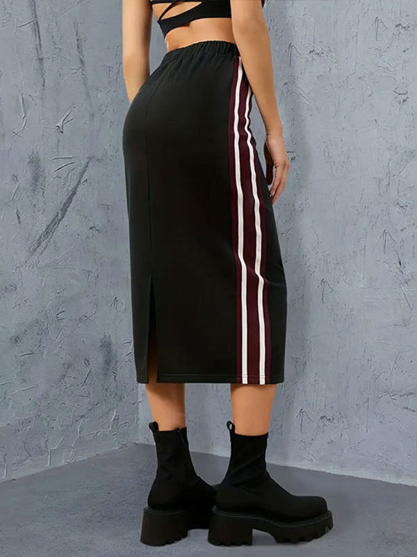 High Waisted Loose Contrast Color Elasticity Pleated Split-Back Split-Joint Striped Skirts Bottoms