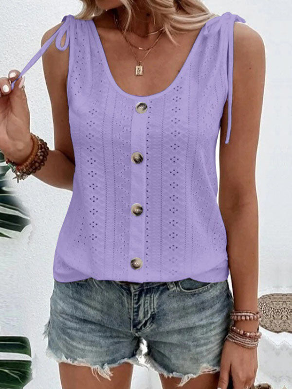 Loose Plus Size Buttoned Hollow Pleated Split-Joint Tied U-neck Vest Top