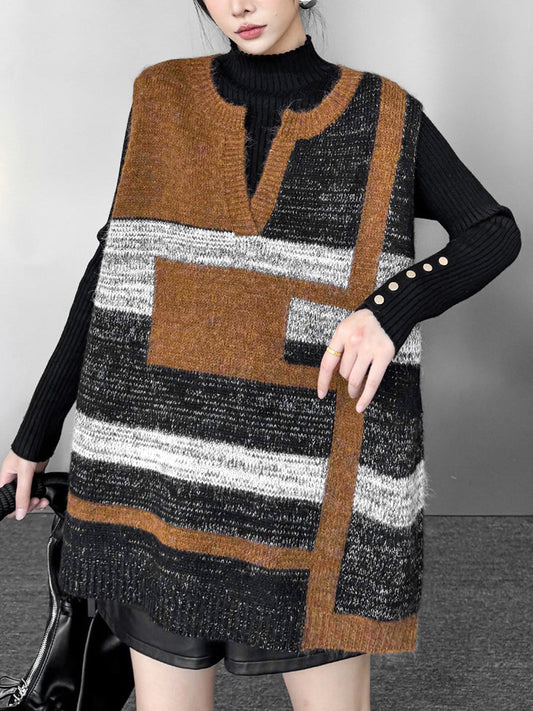 Loose Sleeveless Contrast Color Geometric Split-Joint Striped V-Neck Outerwear Vest Top
