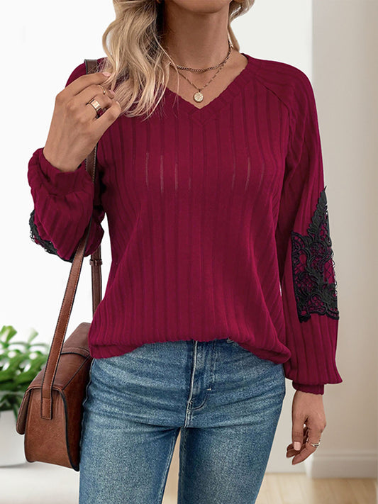 Long Sleeves Loose Split-Joint V-Neck T-Shirts Tops