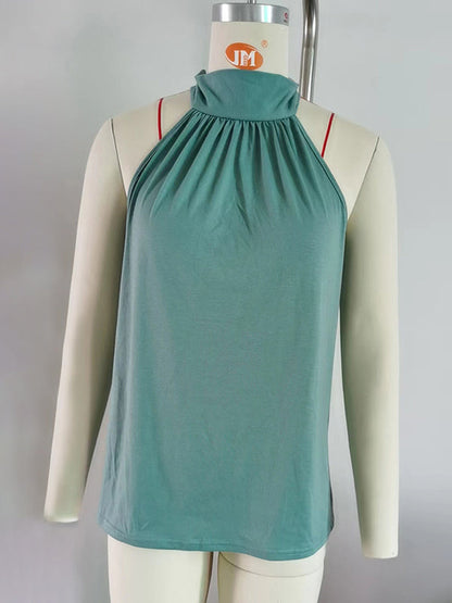 Loose Sleeveless Bow-Embellished Solid Color High Neck Tank Top
