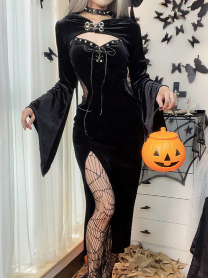 Flared Hooded Outer + Hollow Split-Side Midi Dress Two Pieces Set