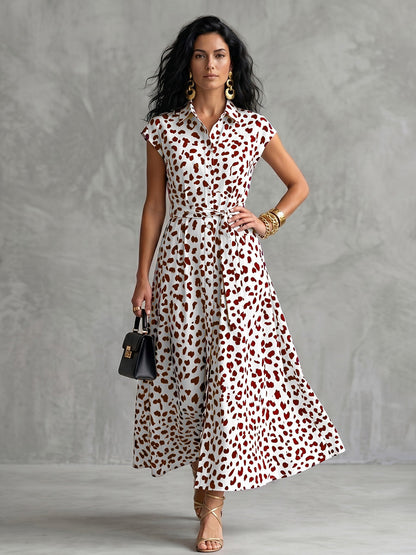 A-line Cap Sleeve Buttoned Leopard Printed Tied Waist Midi Dresses Shirt Dress