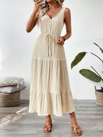 A-Line High Waisted Buttoned Pleated Solid Color Tied Waist V-Neck Maxi Dresses