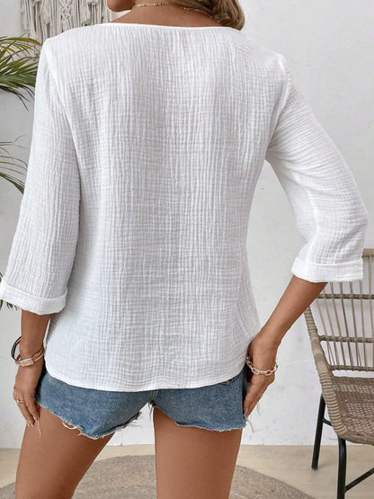 Long Sleeves Loose See-Through Solid Color Split-Joint Square-Neck Blouses&Shirts Tops