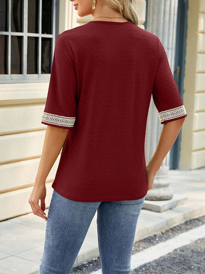 Loose Short Sleeves Contrast Color Hollow Split-Joint V-Neck T-Shirts Tops