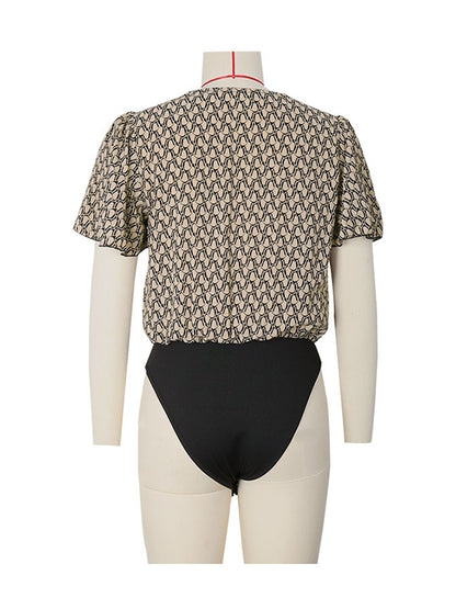 Flared Sleeves High Waisted Printed Split-Joint V-Neck Bodysuits