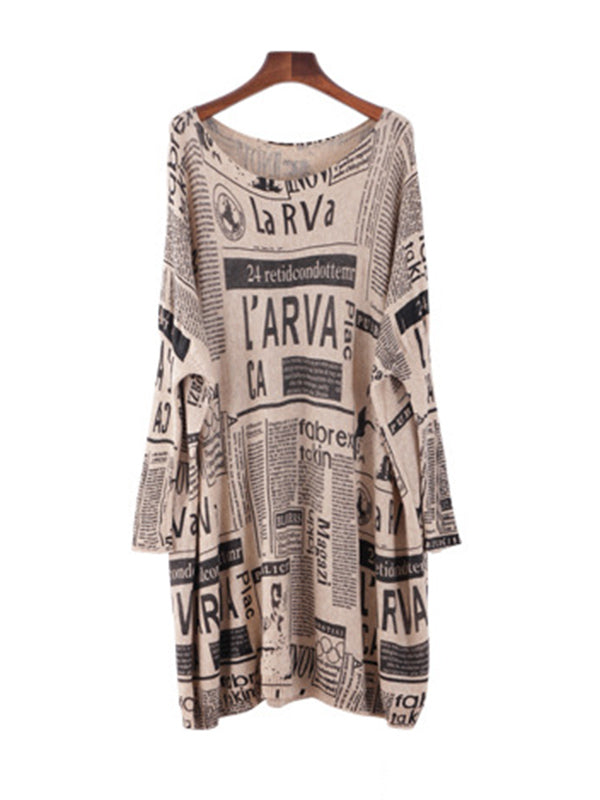 Vintage Loose One-Shoulder Newspaper Printed Split-Joint Sweater