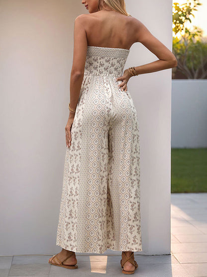 High Waisted Sleeveless Backless Contrast Color Pleated Printed Split-Joint Tied Twist Tube Jumpsuits