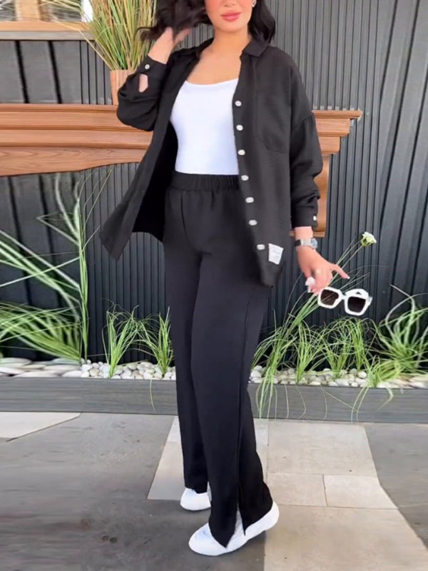 Solid Color Long Sleeves Buttoned Lapel Shirts Top + Split-Side High Waisted Pants Bottom Two Pieces Set