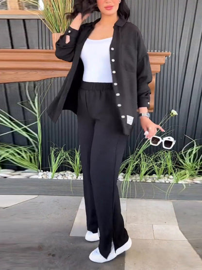 Solid Color Long Sleeves Buttoned Lapel Shirts Top + Split-Side High Waisted Pants Bottom Two Pieces Set