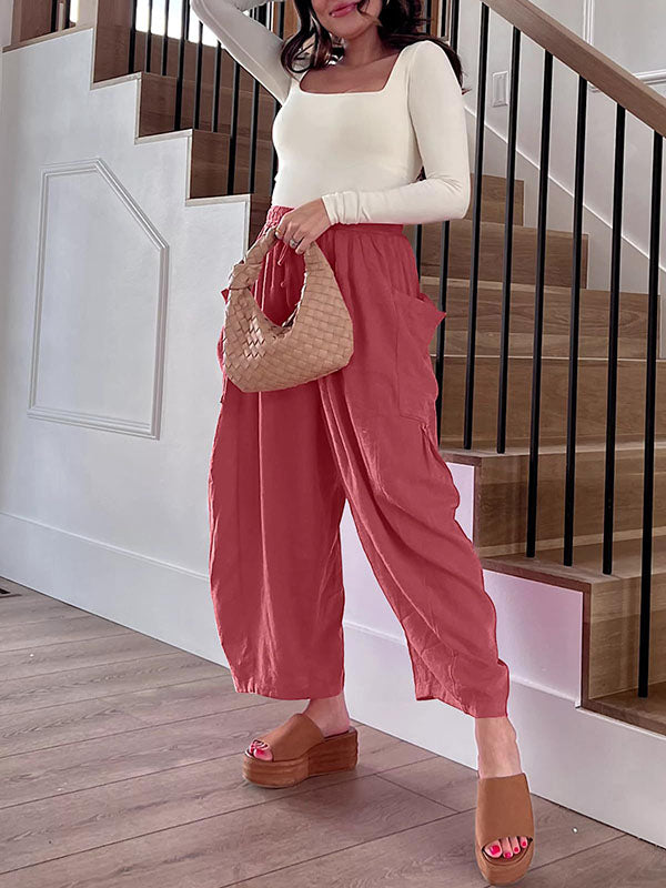 High Waisted Loose Drawstring Elasticity Pleated Pockets Solid Color Ninth Pants Trousers