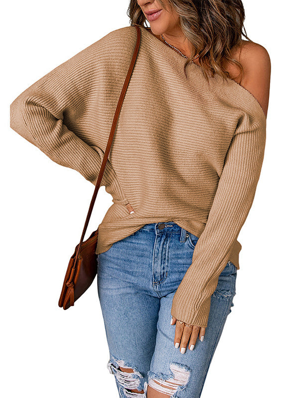 Long Sleeves Loose Asymmetric Solid Color One-Shoulder Pullovers Sweater Tops