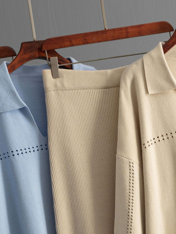 Loose Puff Sleeves Hollow Solid Color Sweater + Elasticity Skirt Two Pieces Set