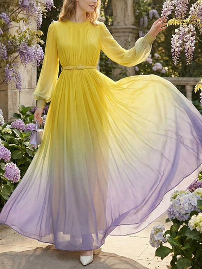 High Waisted Long Sleeves Belted Contrast Color Gradient Pleated Split-Joint Round-Neck Maxi Dresses