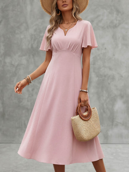 A-Line High Waisted Pleated Solid Color V-Neck Midi Dresses