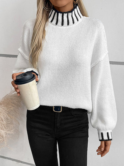 Long Sleeves Loose Contrast Color Split-Joint High Neck Pullovers Sweater Tops