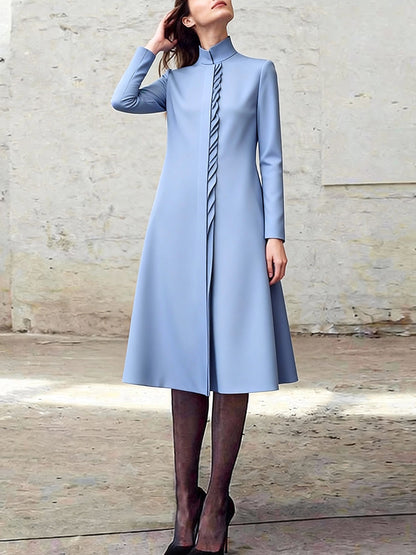 A-Line Bodycon Asymmetric Pleated Pockets Solid Color Split-Joint Stand Collar Midi Dresses