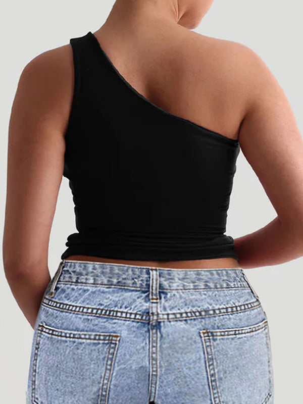 Skinny Sleeveless Solid Color One-Shoulder Vest Top